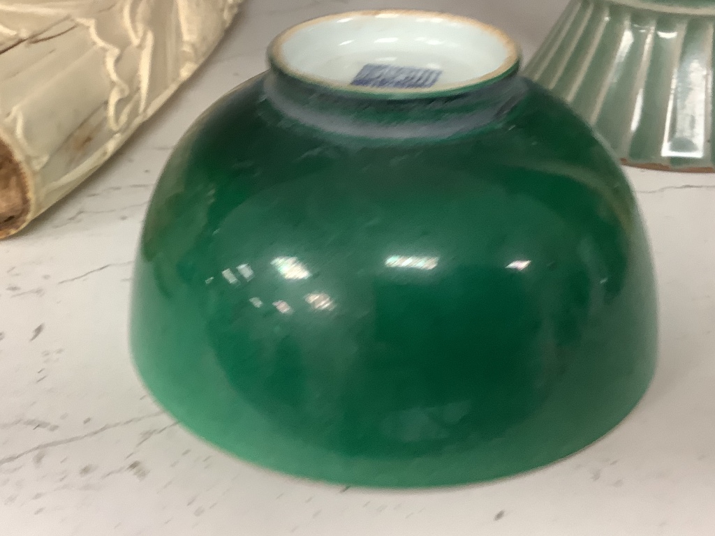 A Chinese green glazed bowl and a Korean celadon vase, height 27cm